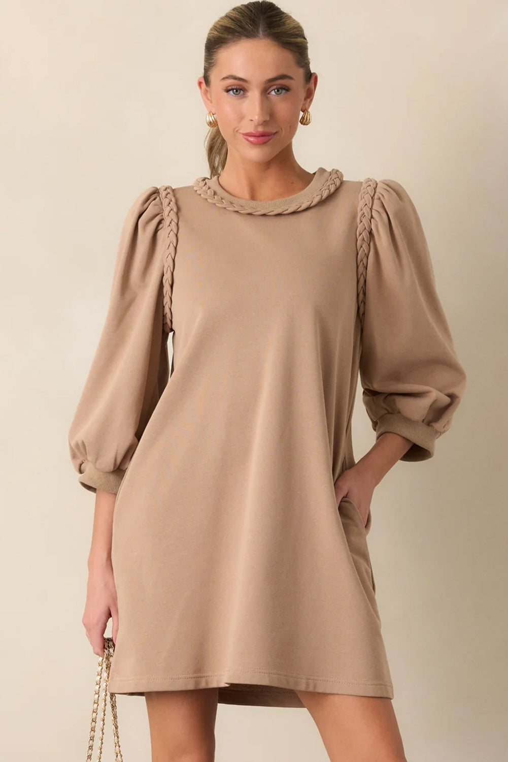 Light French Beige Braided Trim Puff Sleeve Dress