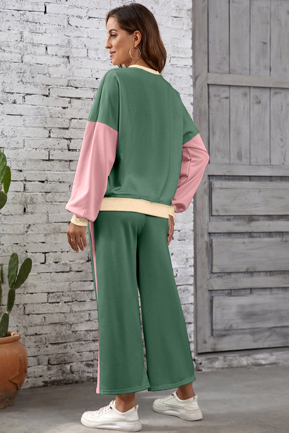 Mist Green 2pcs Color Block Pullover Loose Pant Set