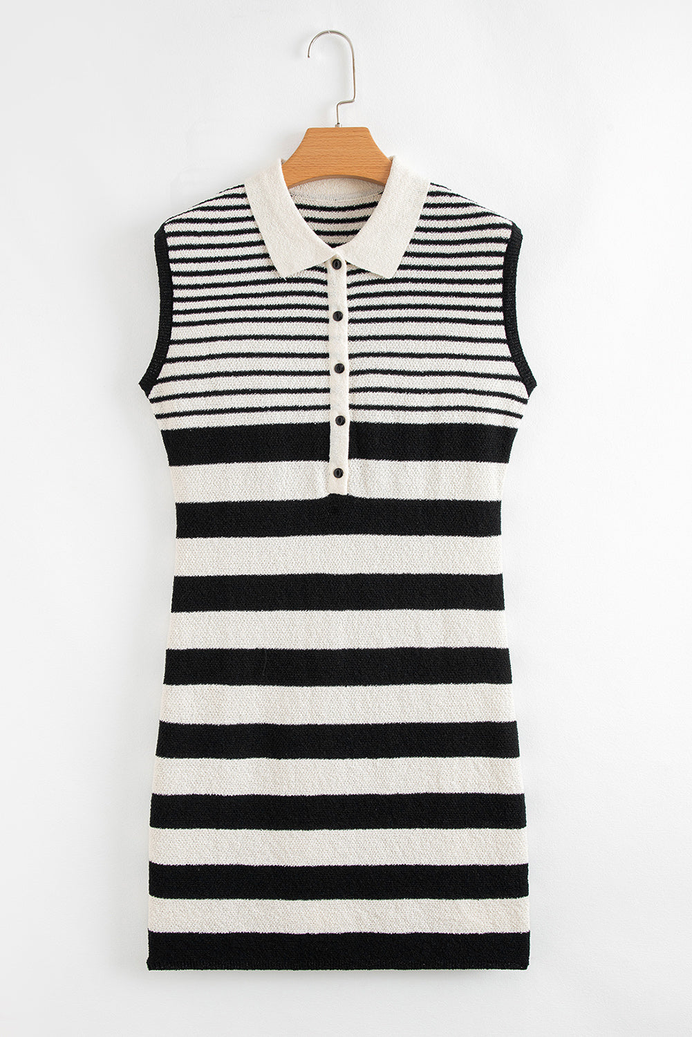 Black Mixed Striped Print Half Placket Collared Cap Sleeve Bodycon Sweater Dress