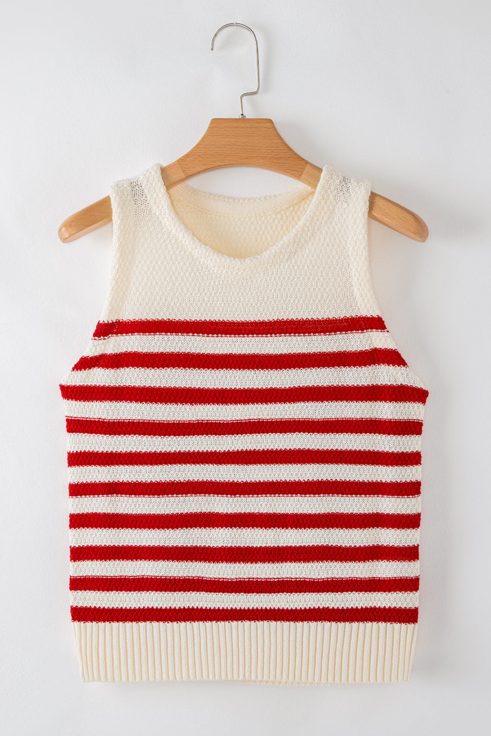 Red Stripe Textured Knit Ribbed Hem Sweater Tank Top
