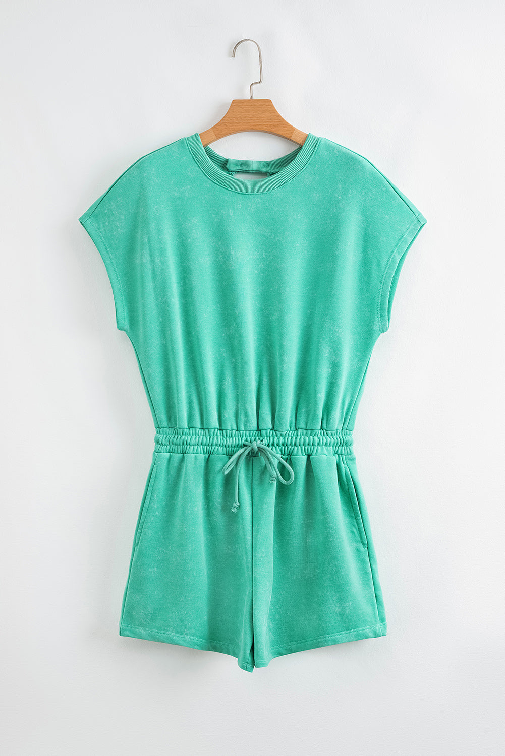 Sea Green Mineral Wash Drawstring Elastic Waistband Hollow Out Back Short Sleeve Romper
