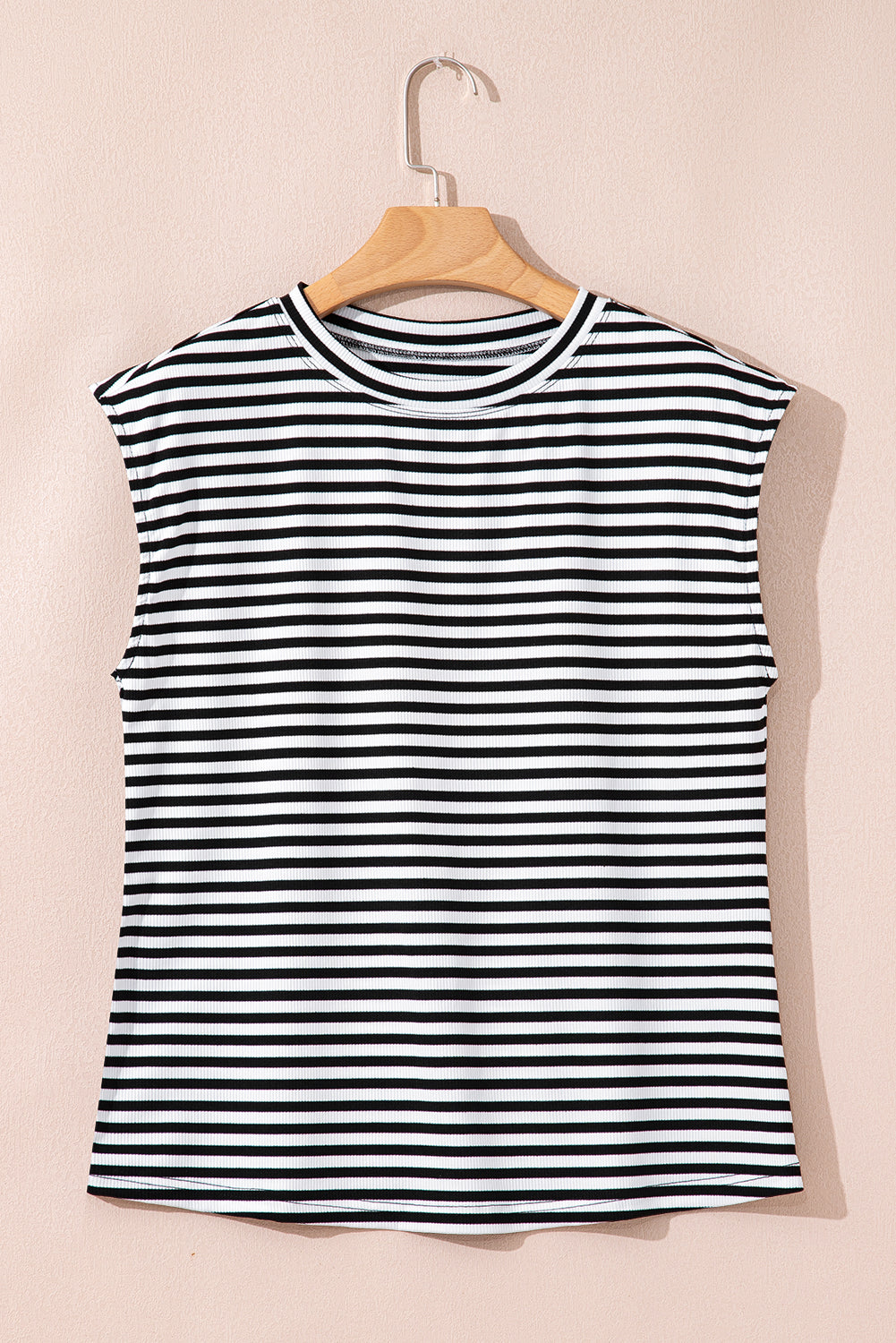 Black Stripe Ribbed Cap Sleeve Round Neck T Shirt
