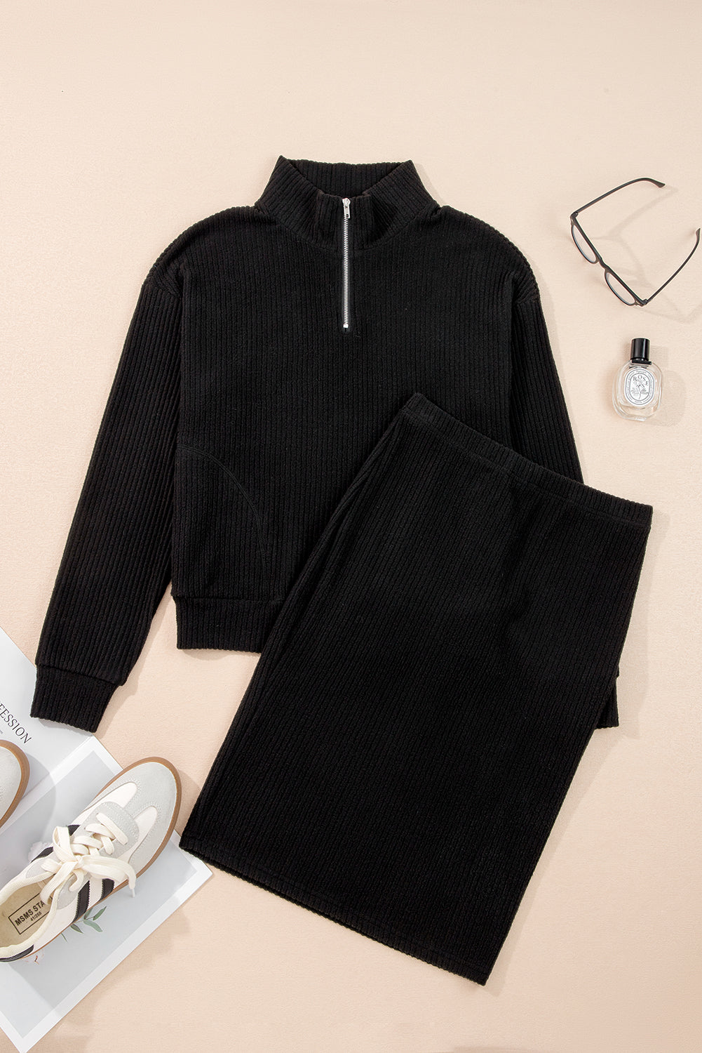 Black Ribbed Zip Stand Neck Drop Shoulder Pullover Bodycon Skirt 2pcs Set