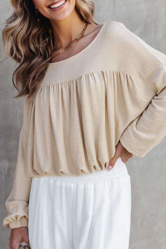 Jet Stream Textured Pleated Drop Shoulder Long Sleeve Knit Top