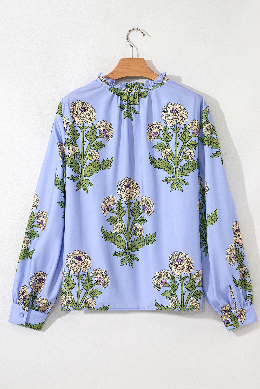 Sky Blue Floral Print Button Tie Neck Long Puff Sleeve Blouse