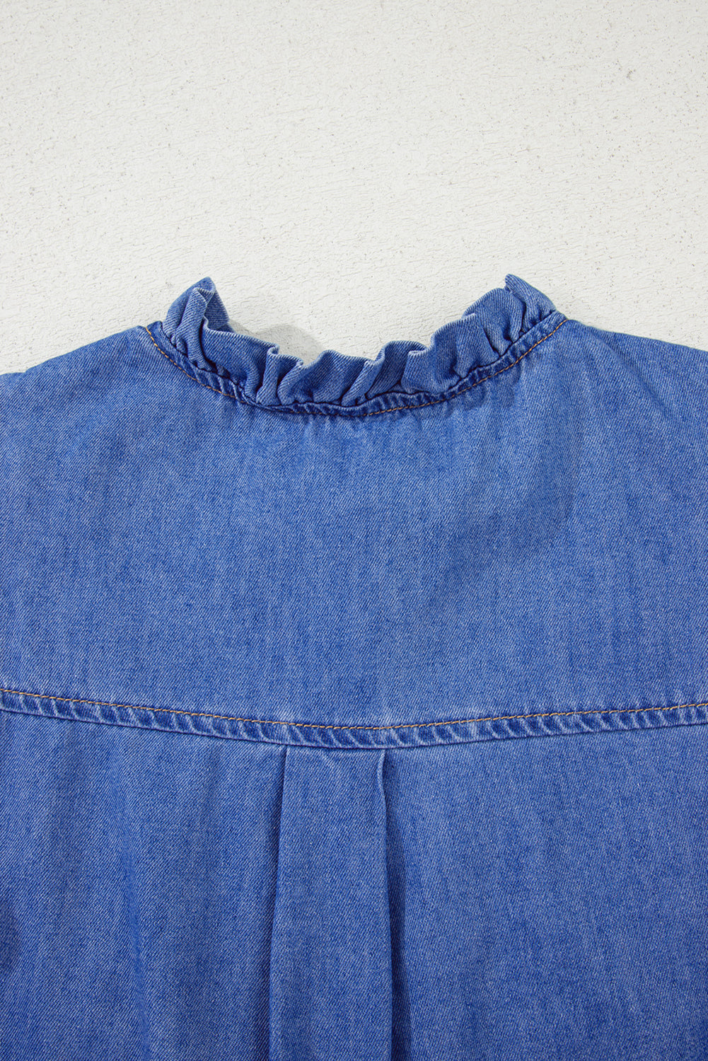 Sky Blue Mineral Wash Frilled Button Up Denim Shirt