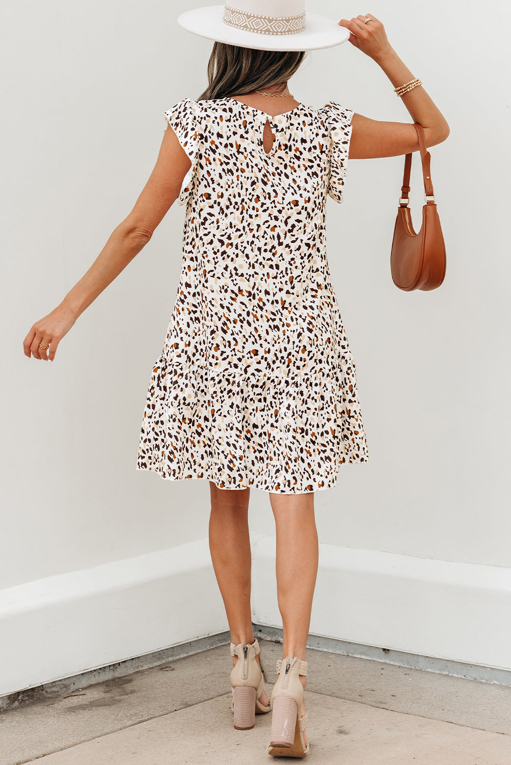 Khaki Leopard Ruffled Flutter Sleeve Keyhole Back Mini Dress