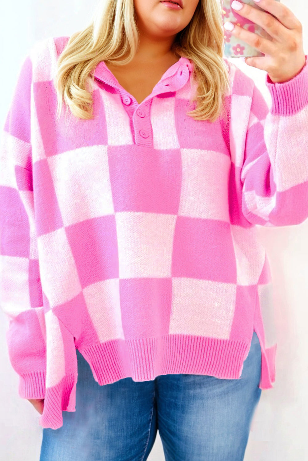 Pink Plus Size Checkered Collared Half Button Sweater