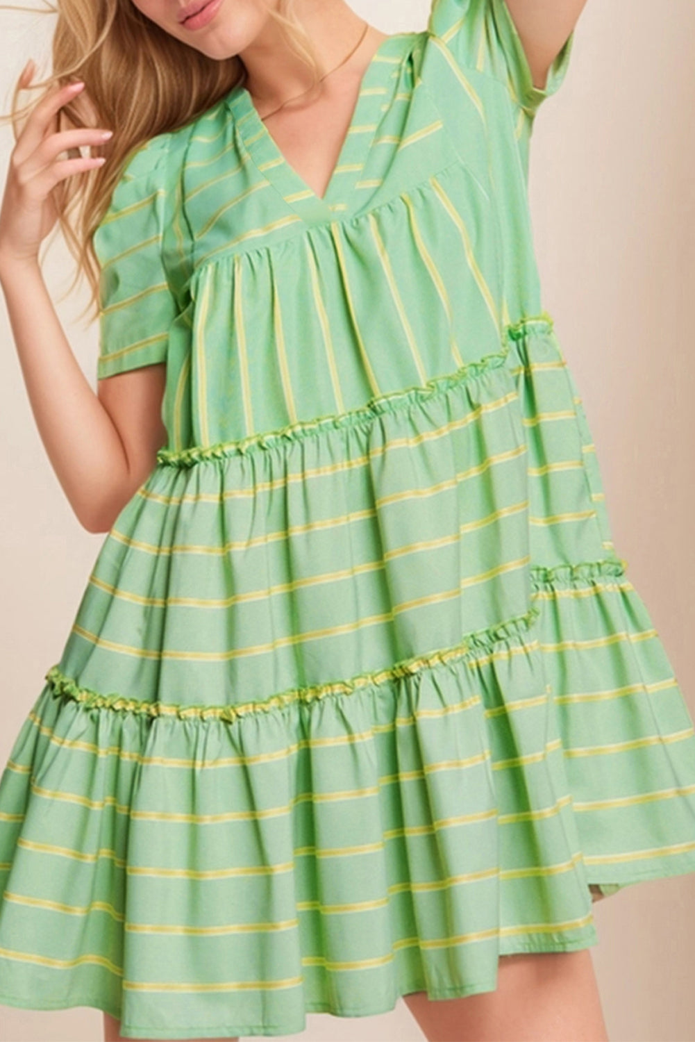 Green Stripe V Neck Short Sleeve Frilled Detail A-line Dress