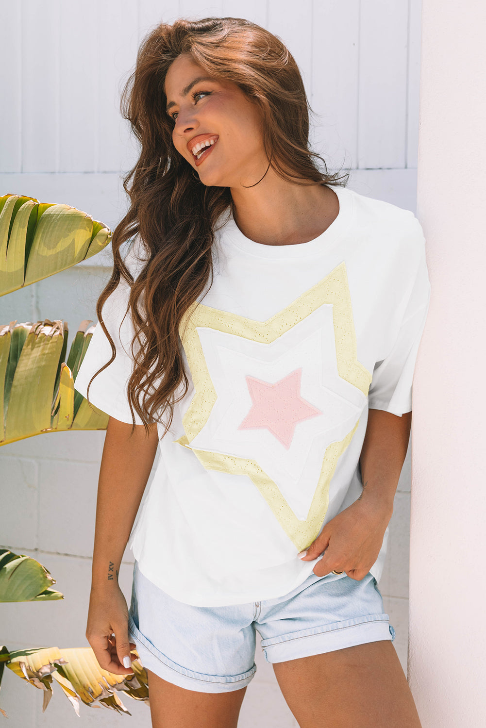 White Star Layered Patched Graphic Drop Shoulder Half Sleeve Loose Tee
