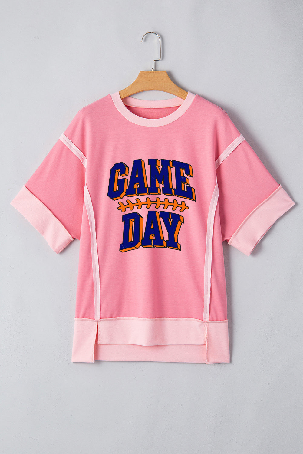 Peach Blossom Raw Seam Patchwork GAME DAY Letter Graphic Loose Tee