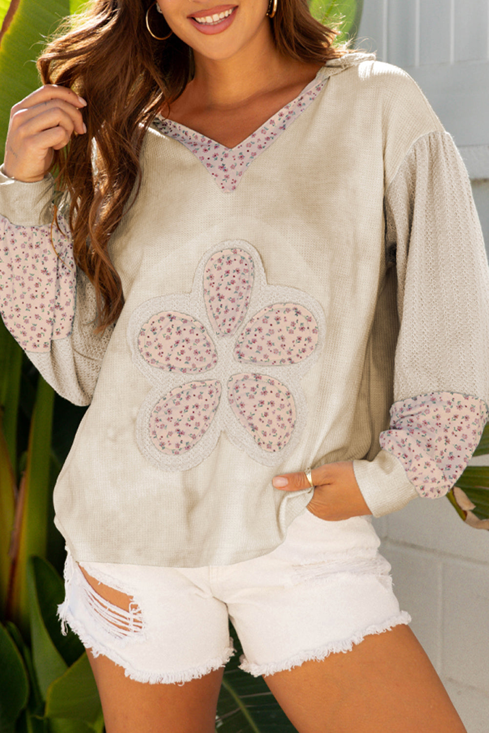 Beige Floral Patched Waffle Textured Colorblock V Neck Casual Hooded Top