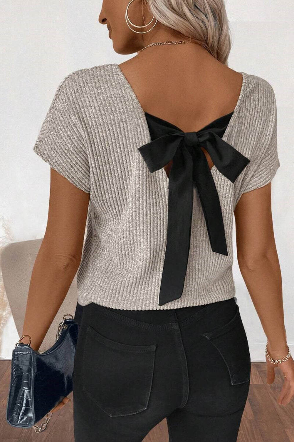 Gray Morn Ribbed Short Sleeve V Neck Colorblock Bow Back Top