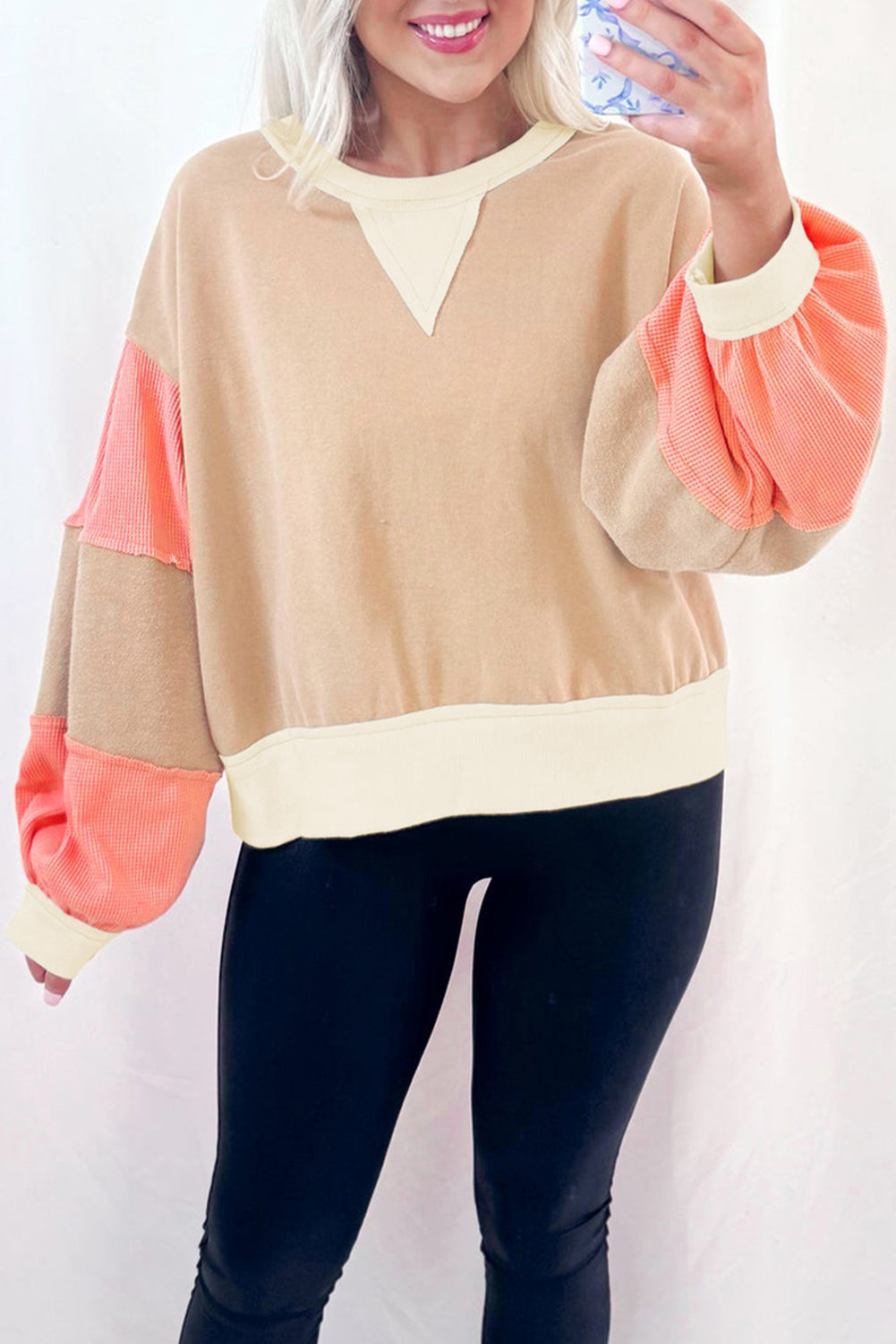 Light French Beige Color Block Textured Patchwork Pullover Sweatshirt