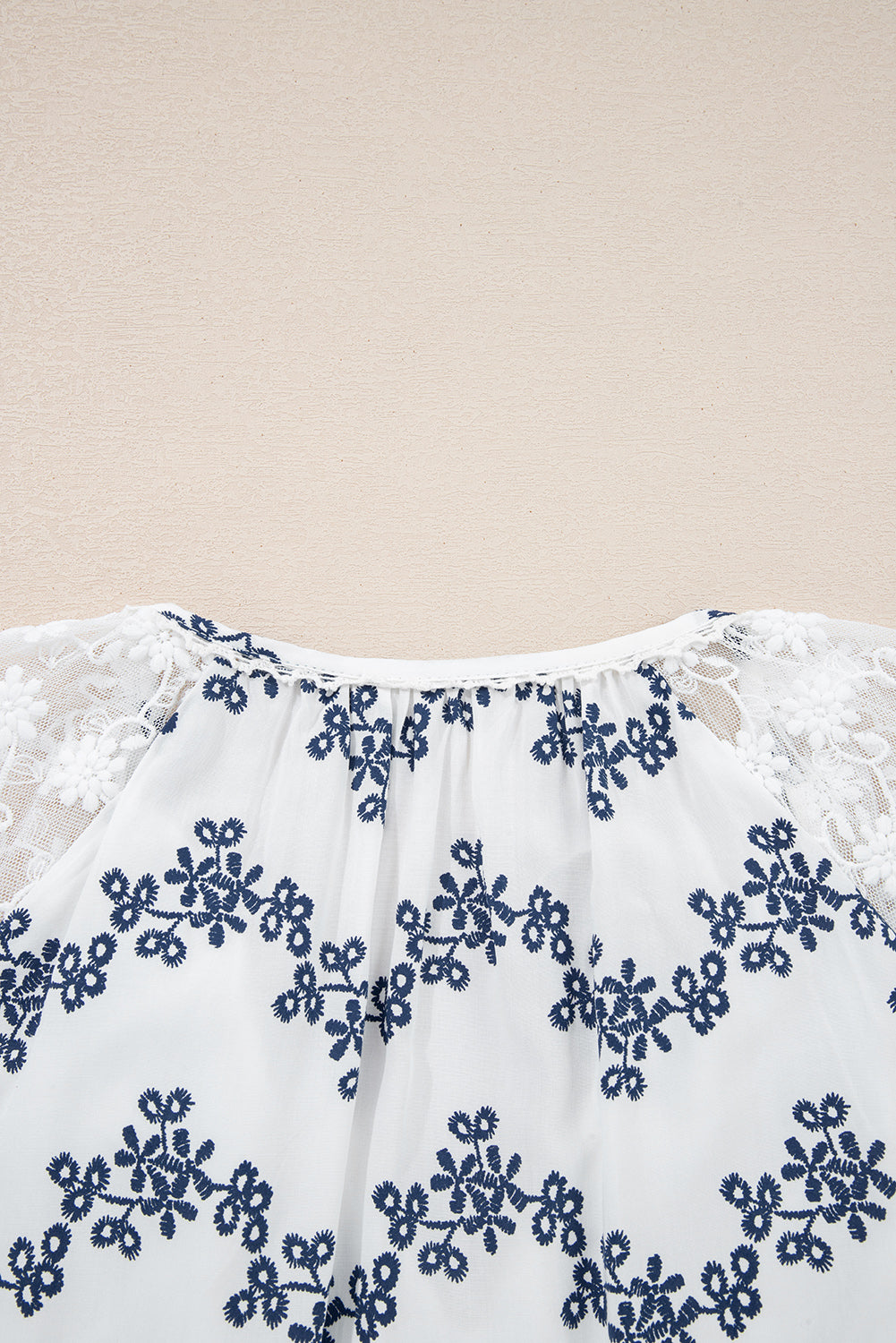 Blue Lace Patchwork Floral Bubble Sleeve V Split Neck Blouse