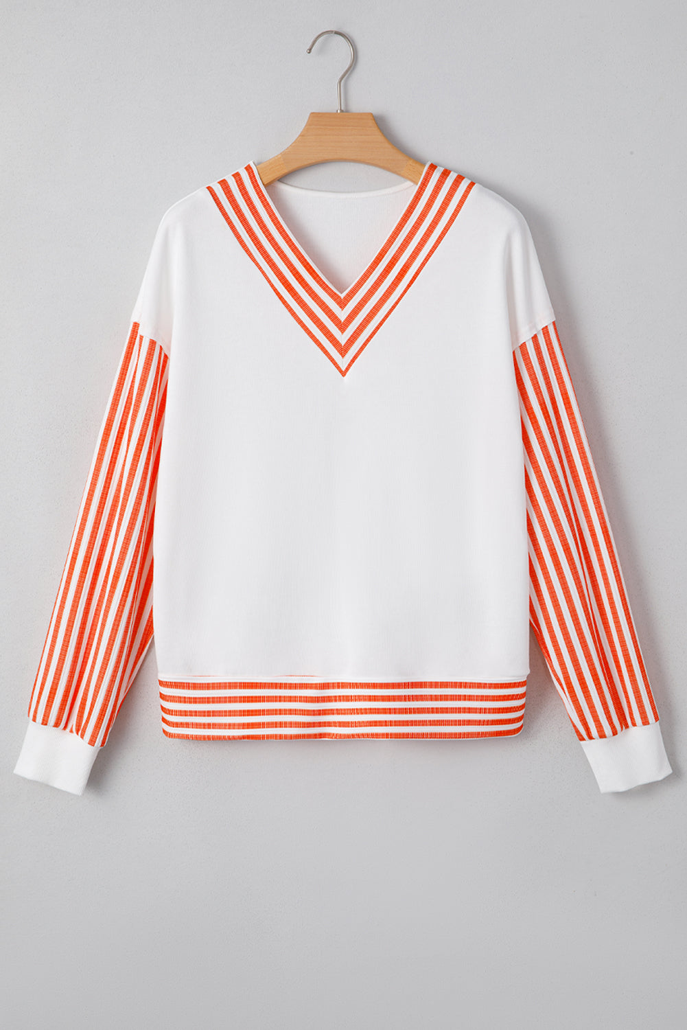 Orange Stripe V Neck Drop Shoulder Patchwork Long Sleeve Top