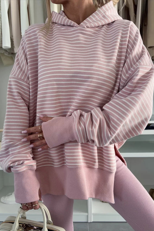 Purple Stripe Thumbhole Side Slits Drop Shoulder Loose Fit Hoodie