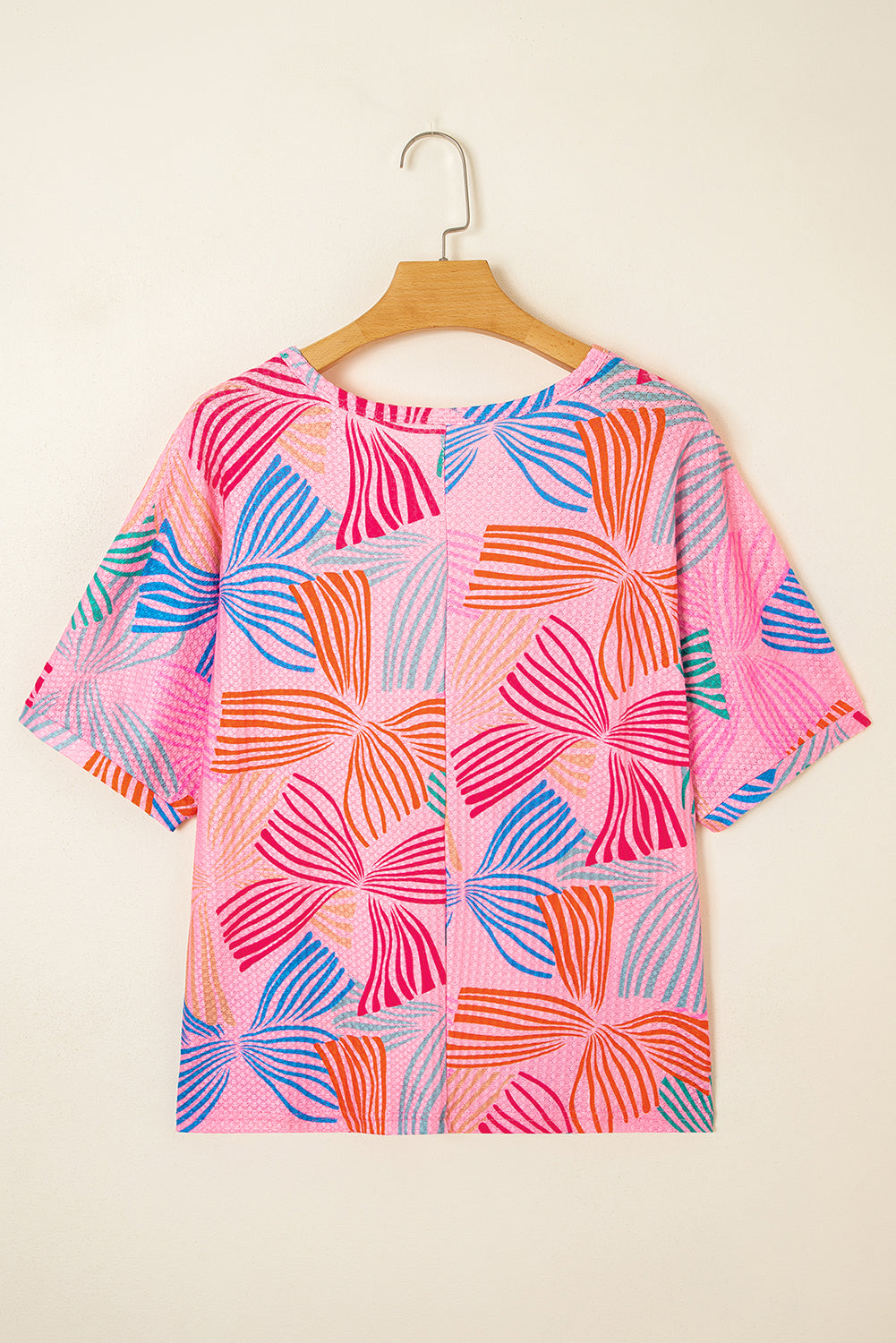 Pink Bowknot Printed Waffle Crewneck Loose Short Sleeve Top
