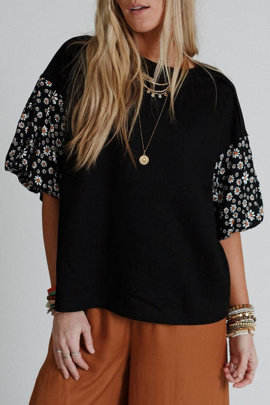 Black Contrast Floral Puff Sleeve Oversized Top