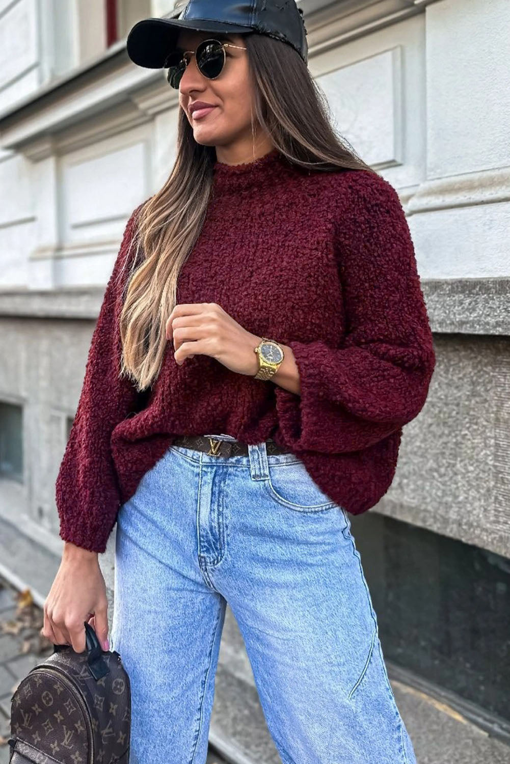 Burgundy Popcorn Mock Neck Solid Sweater