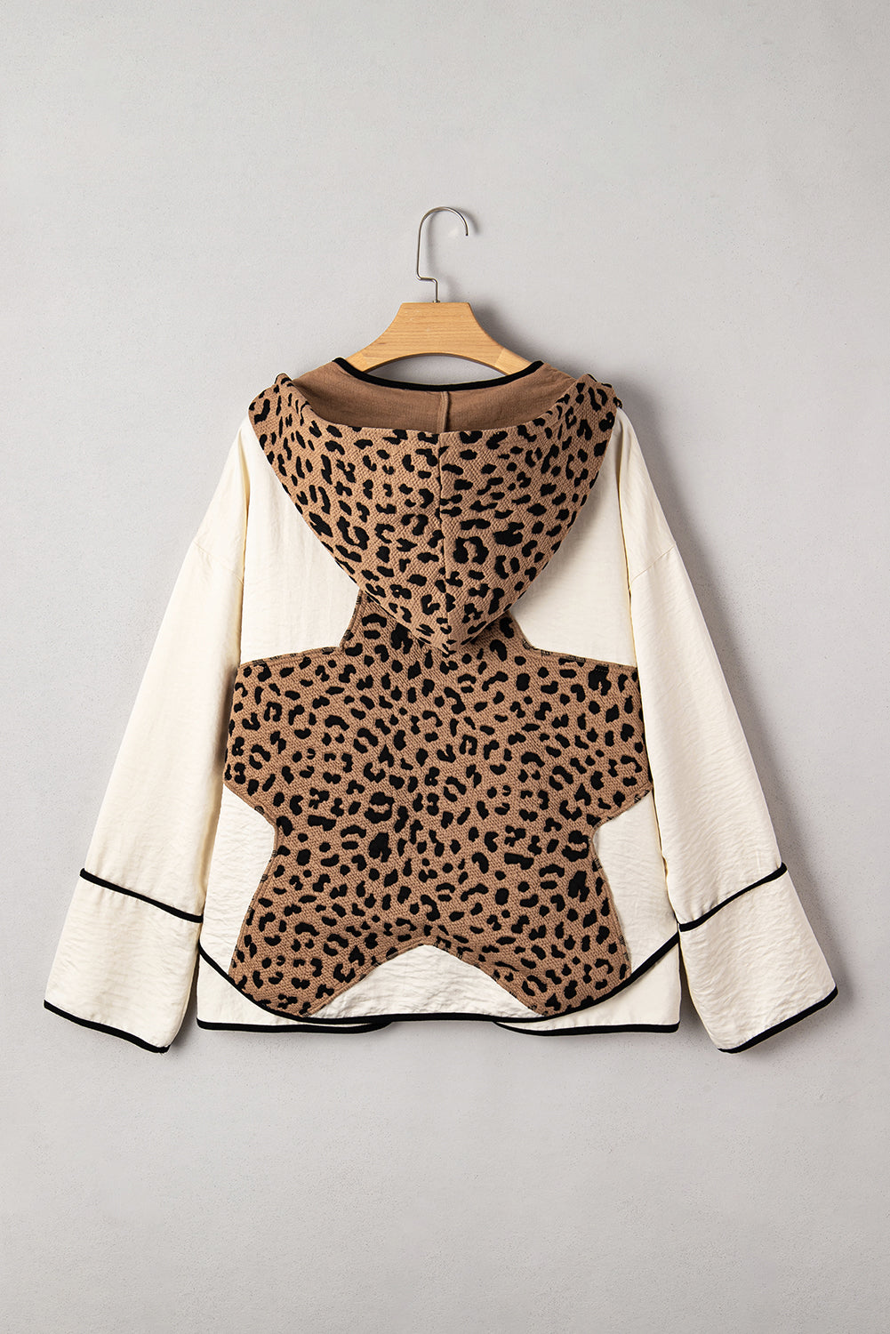 Brown Leopard Star Hooded Patchwork Contrast Piping Open Front Jacket