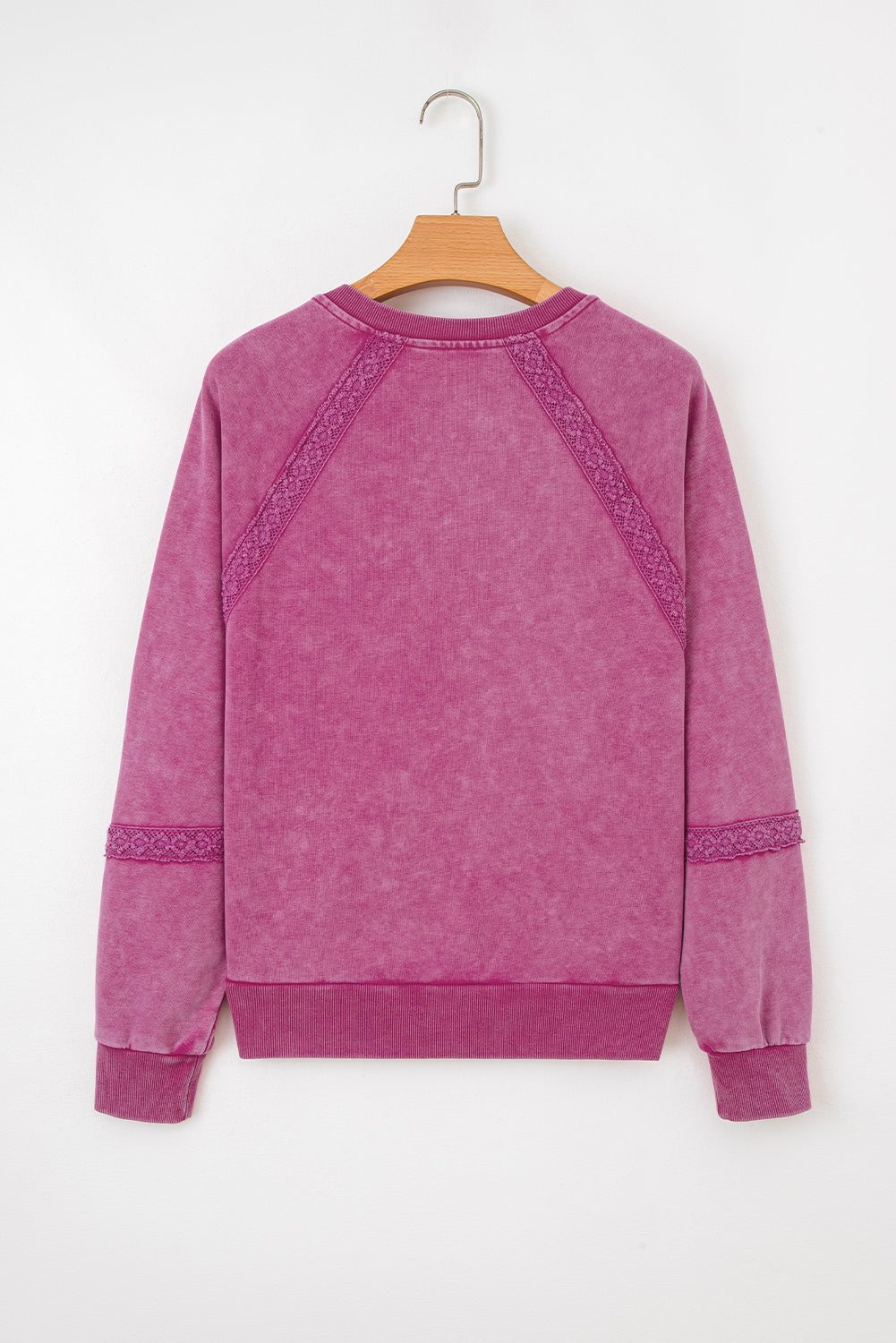 Rose Red Lace Patchwork Detail Notched Neck Mineral Wash Baggy Sweatshirt