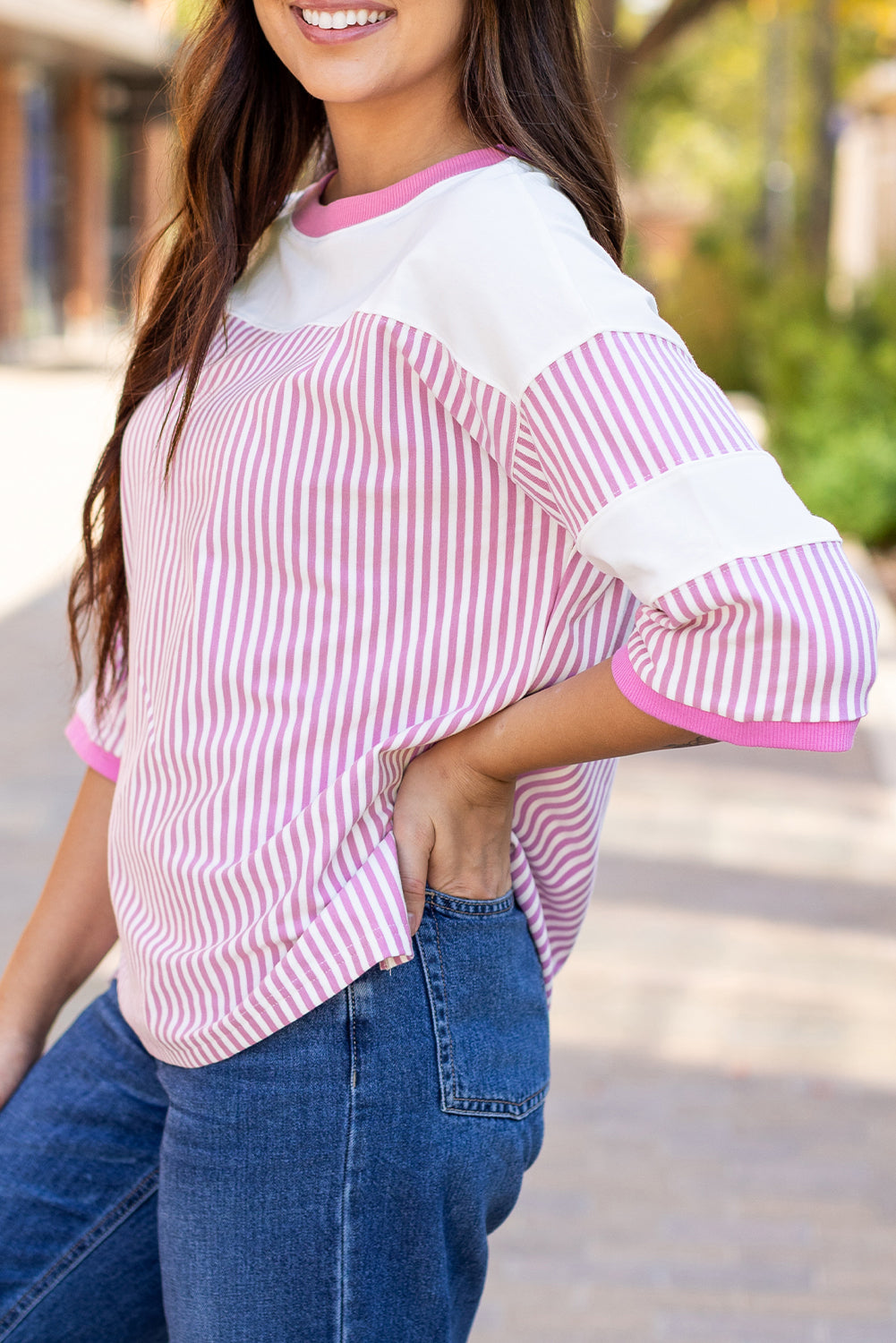 Phalaenopsis Striped Patchwork 3/4 Sleeve Casual Top