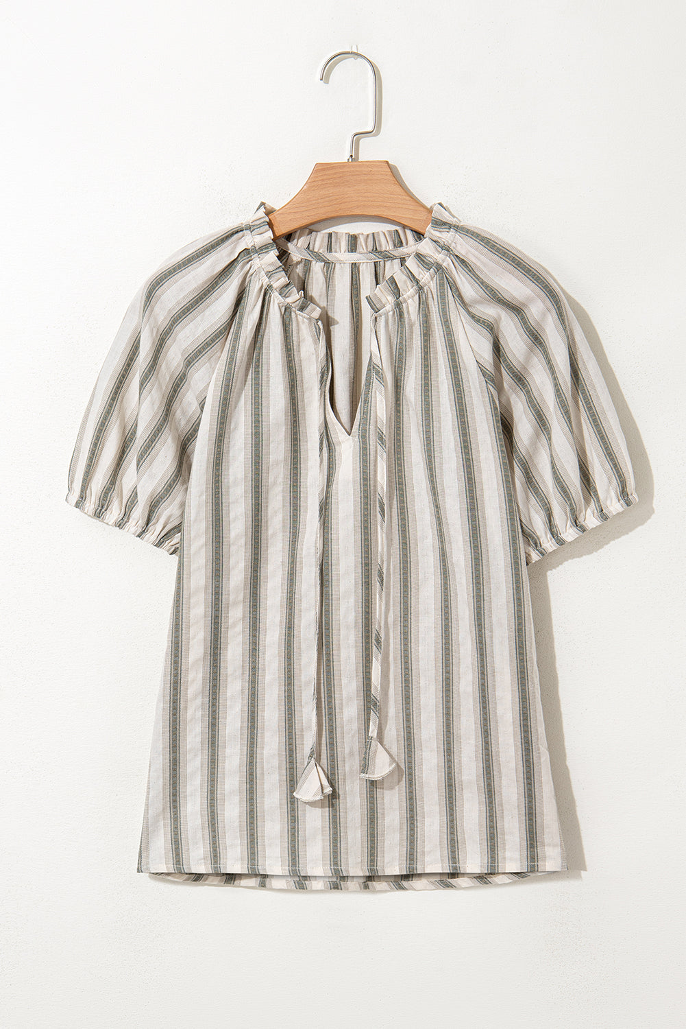Gray Stripe Frilled Tie Neck Short Sleeve Blouse