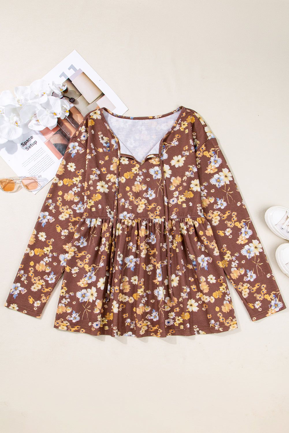 Khaki Floral Textured Tied Neck Long Sleeve Plus Size Babydoll Blouse