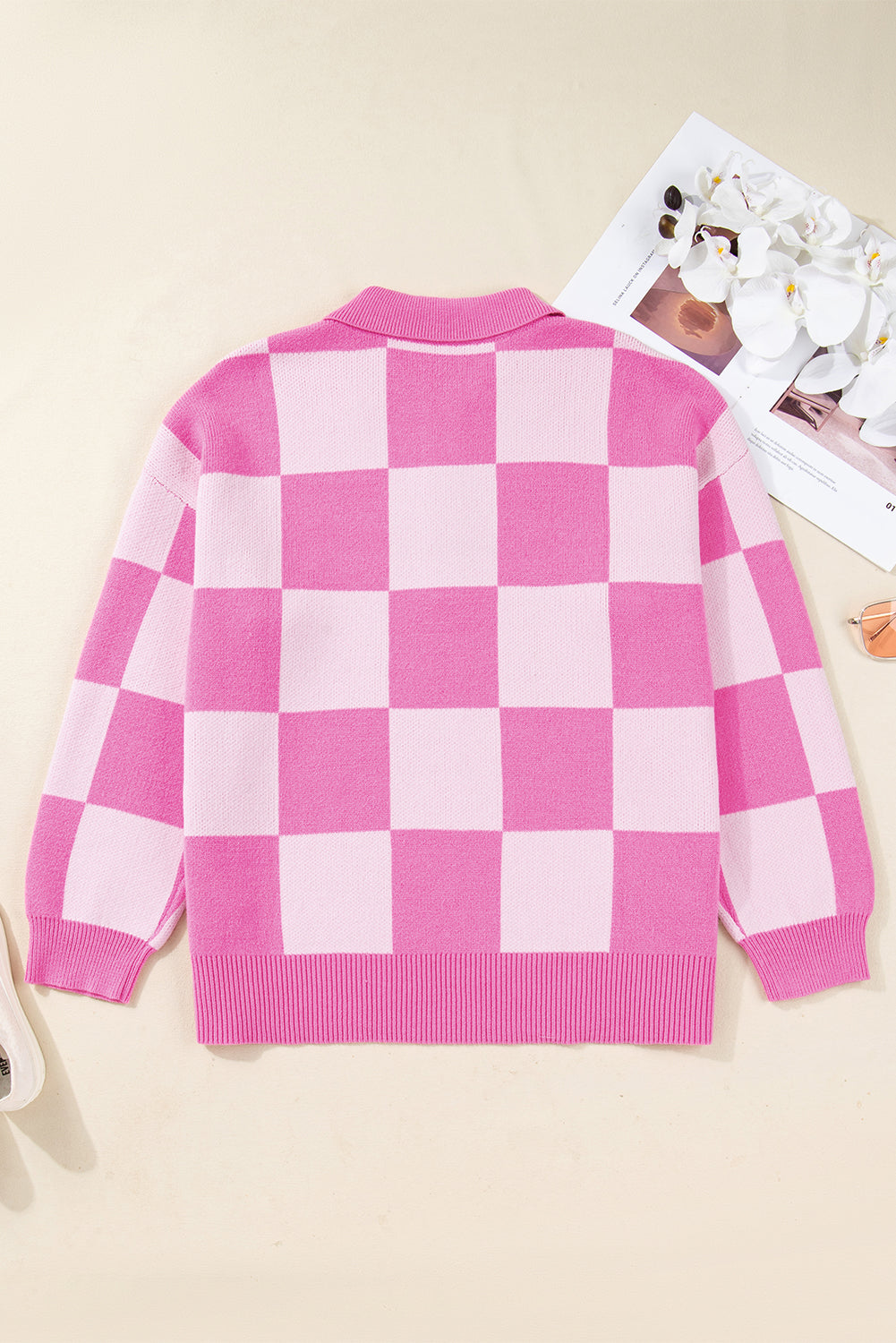 Pink Plus Size Checkered Collared Half Button Sweater
