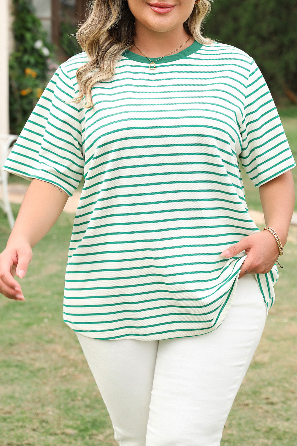 Green Stripe Plus Size St Patricks Day Round Neck T Shirt