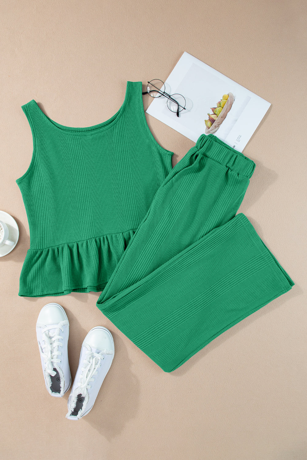 Green Solid Color Ribbed Ruffle Tank Top and Pants Set