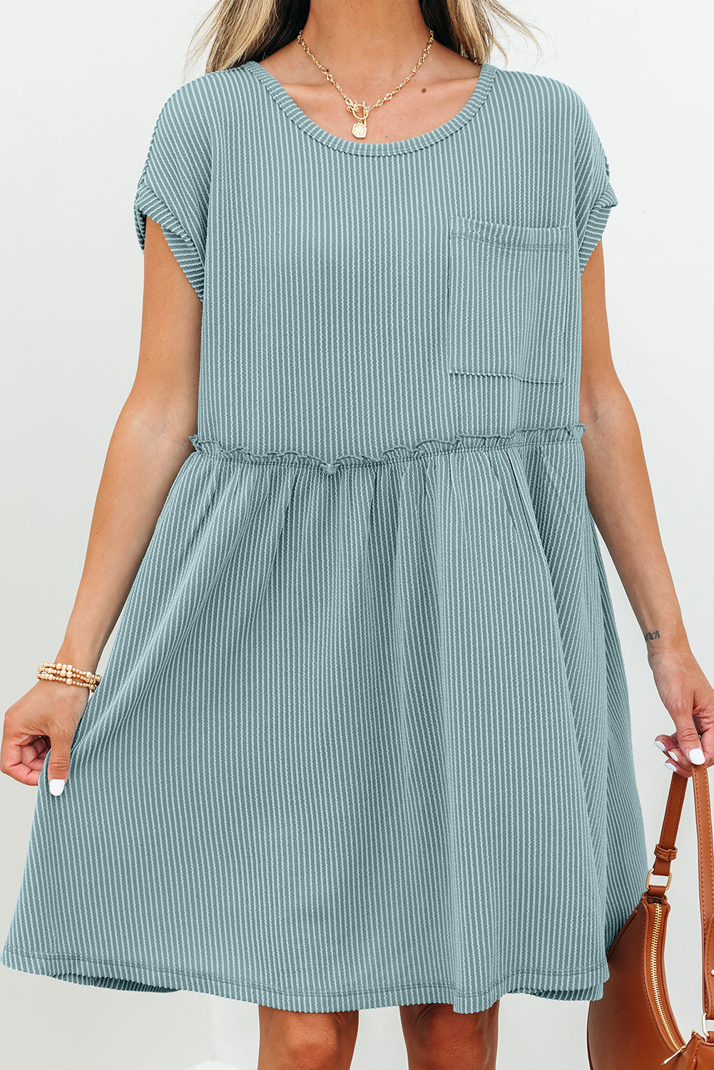 Canton Corded Knit Textured Patched Pocket Frilled Swing Mini Dress with Pockets