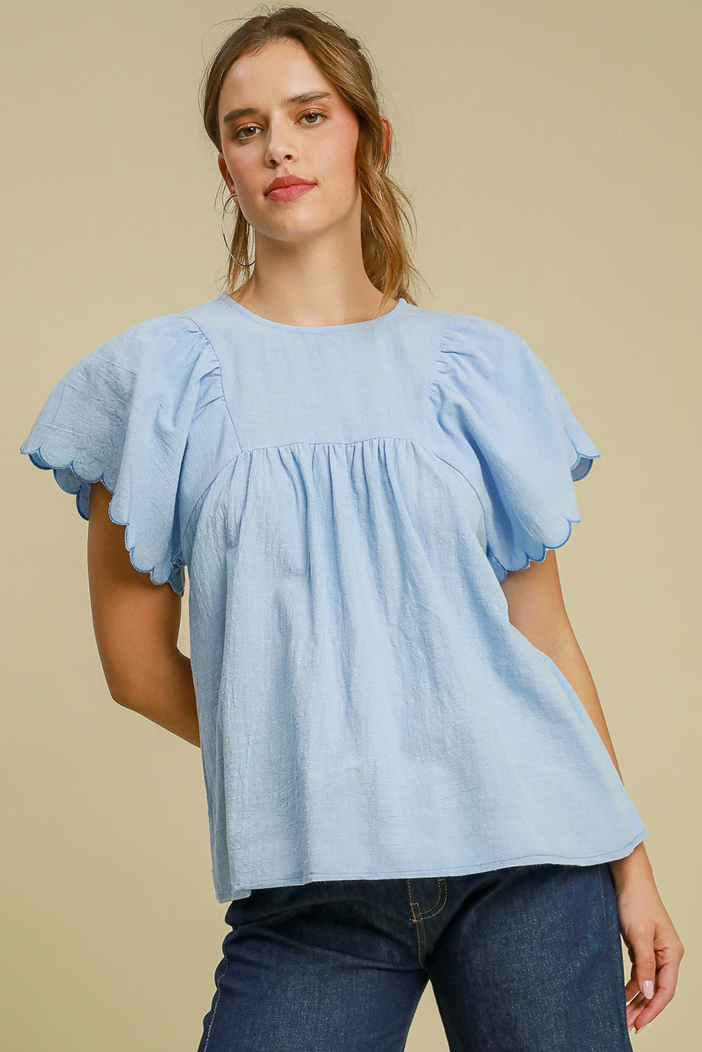 Beau Blue Solid Color Embroidered Scalloped Sleeves Crew Neck Blouse