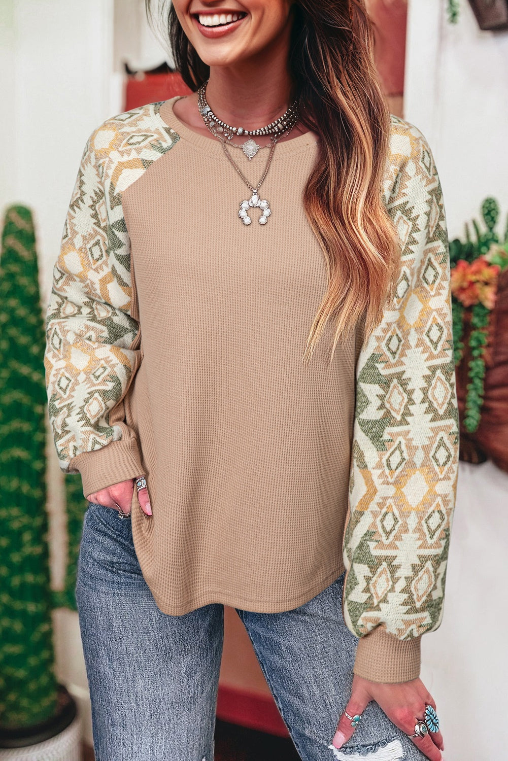 Smoke Gray Waffle Aztec Patchwork Raglan Sleeve Knit Top