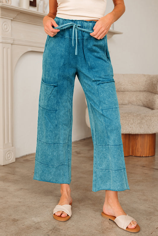Lapis Mineral Wash Lace-up High Waist Raw Hem Patched Pocket Pants