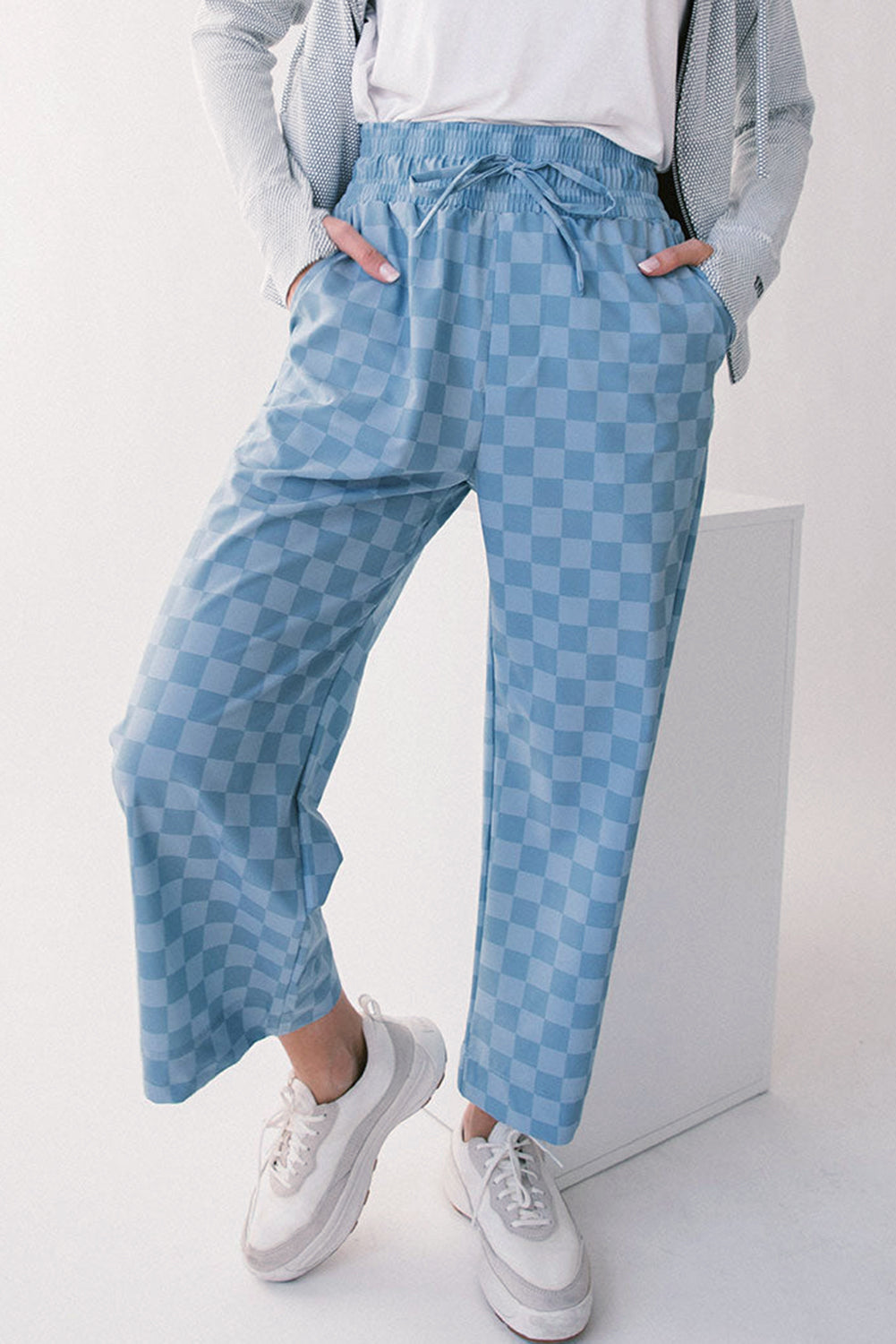 Sky Blue Checkered Elastic High Waist Loose Casual Pants