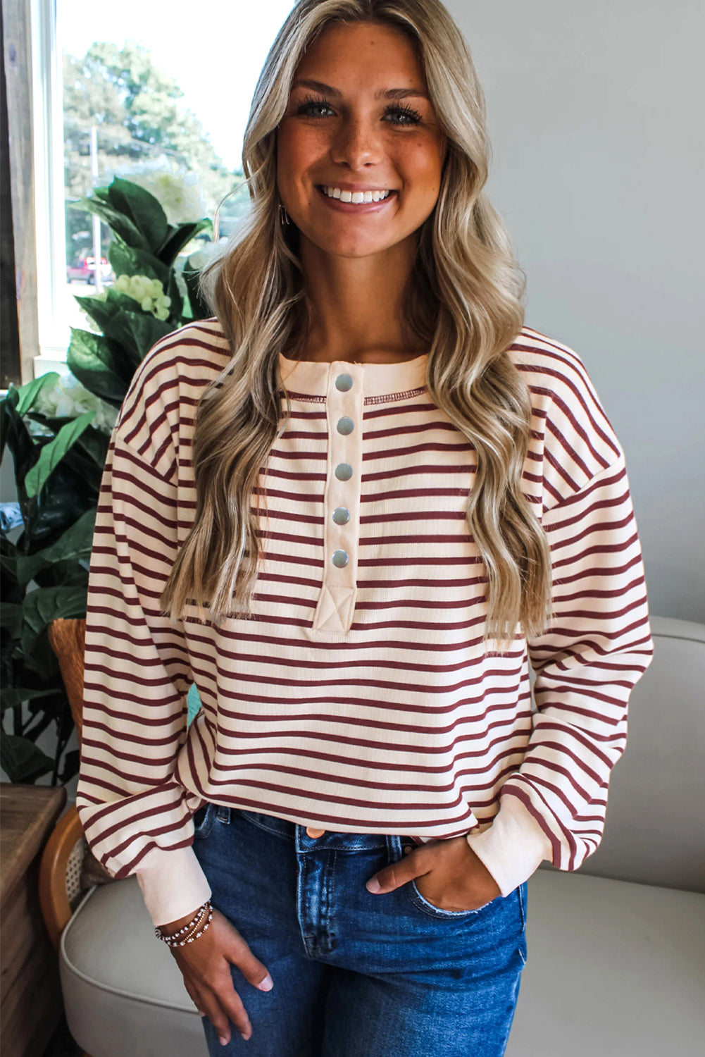 Red Dahlia Striped Print Drop Shoulder Long Sleeve Henley Top