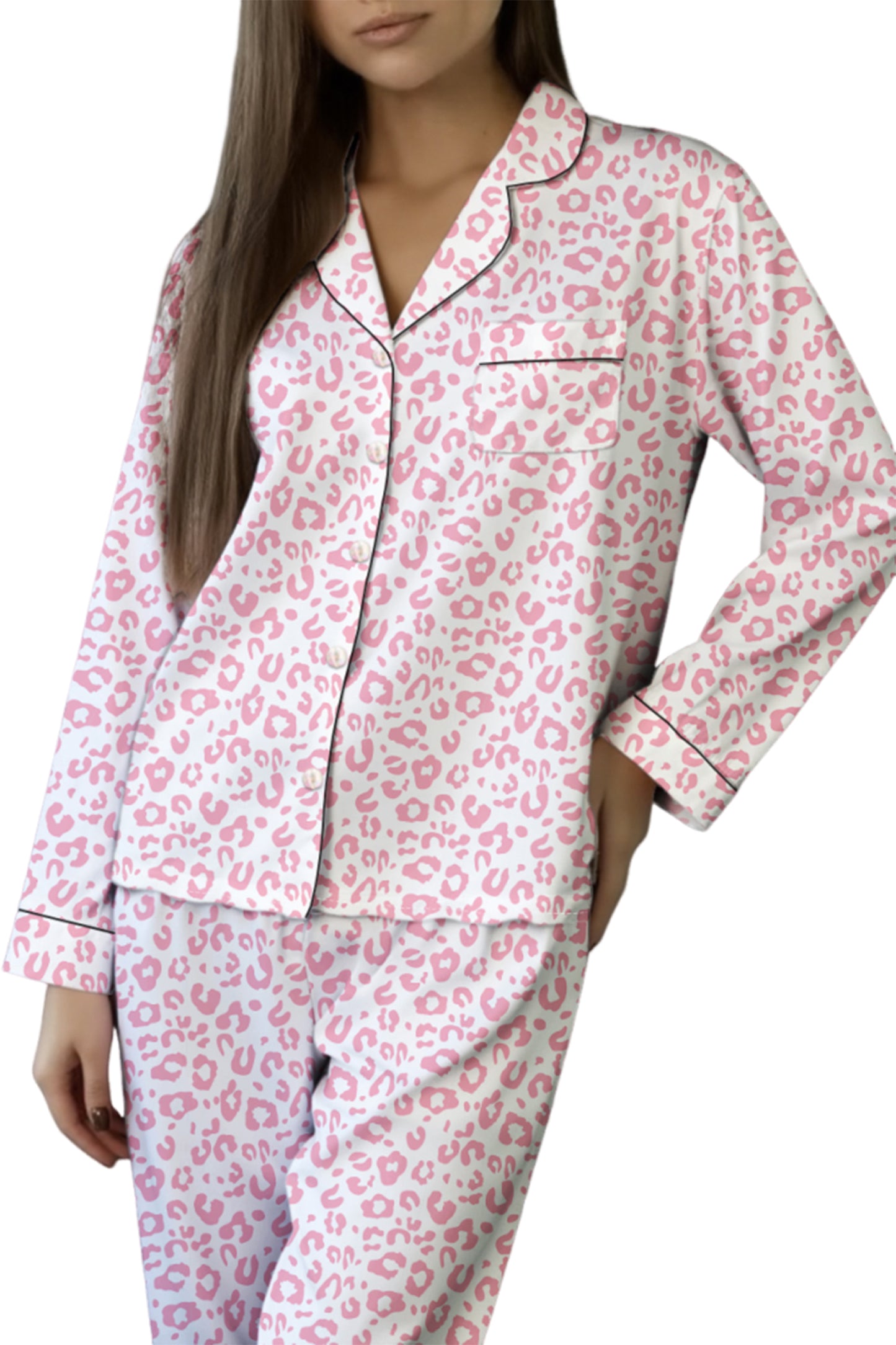 Pink Leopard Print 2cps Long Pajama Set