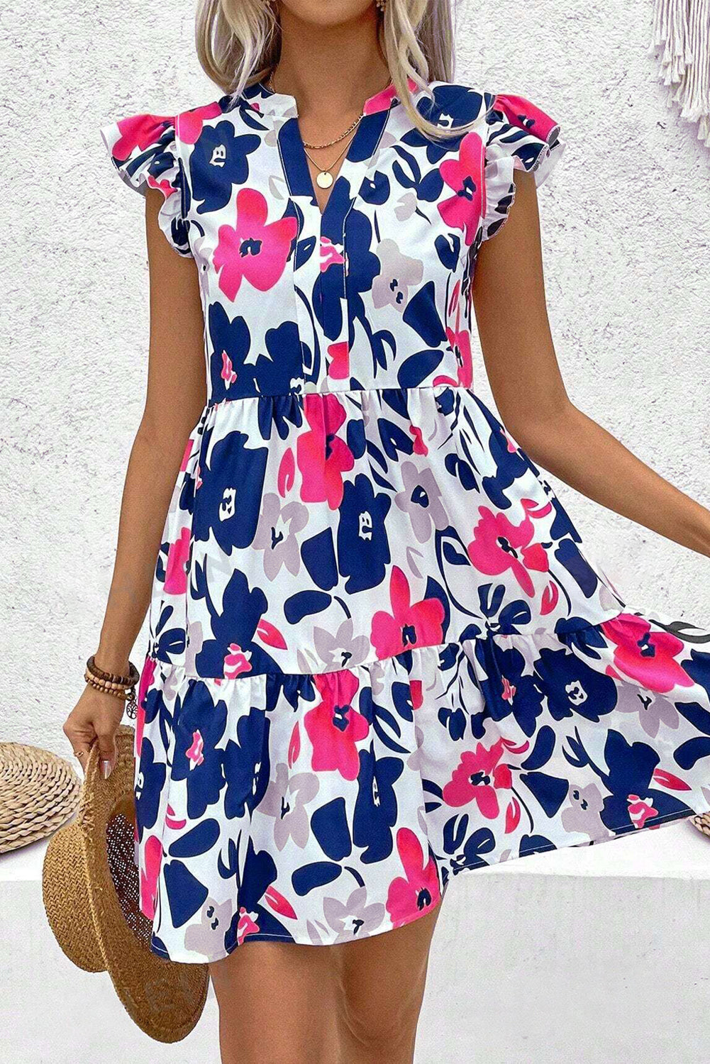 Fashion Floral Print Notched Neck Flutter Sleeve Mini Dress