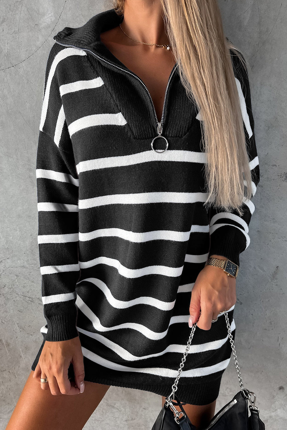 Black Striped O-ring Zip Collared Loose Sweater Mini Dress