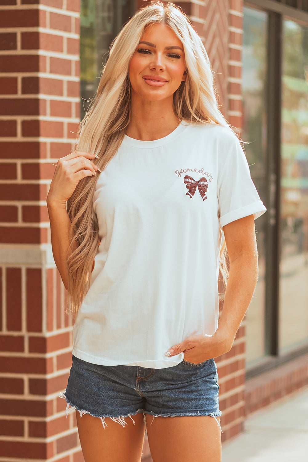 White Game Day Bowknot Embroidered Graphic Casual Tee