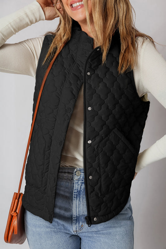 Black Flower Shape Quilted Snap Button Zip Up Winter Vest