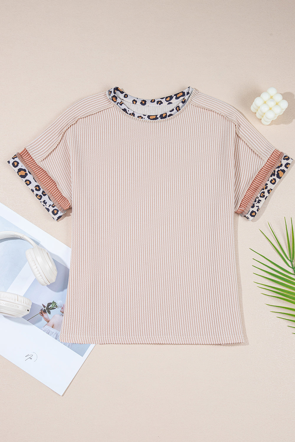 Jet Stream Leopard Patchwork Corded Knit Crew Neck T Shirt