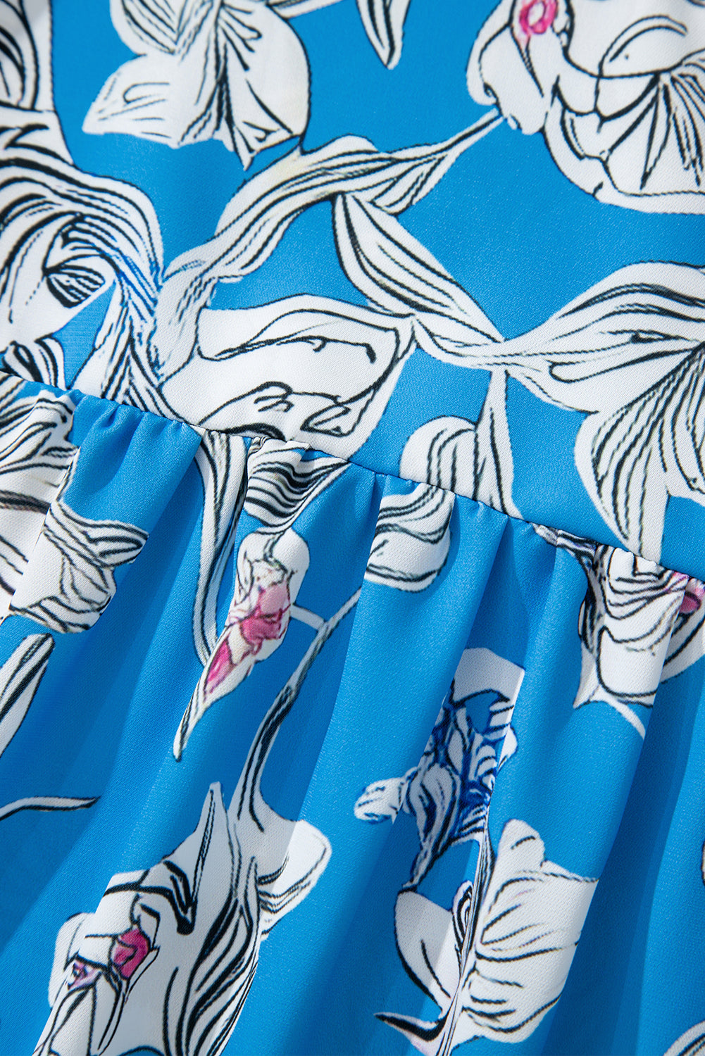 Sky Blue V Neck Floral Print 3/4 Puff Sleeve Blouse