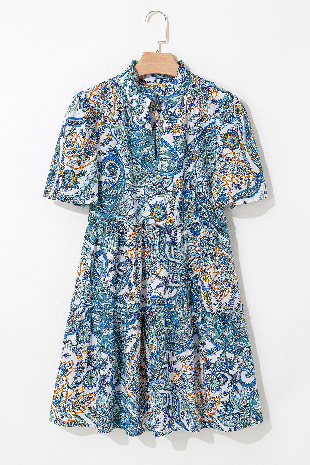 Blue Bohemian Paisley Floral V Neck Short Sleeve Mini Dress