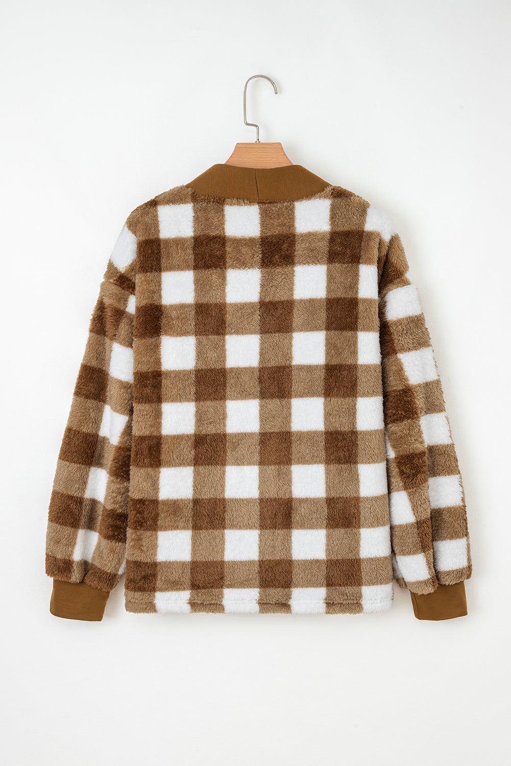 Brown Checkered Sherpa Loose Knit Cardigan with Pockets