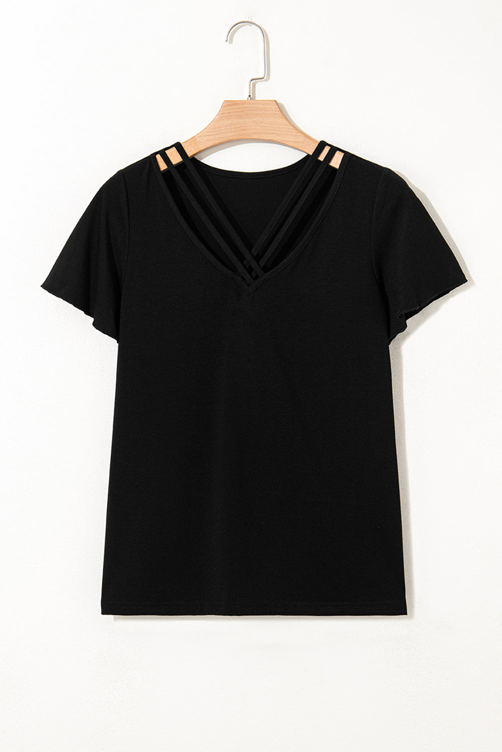 Black Crisscross V Neck Butterfly Sleeve T Shirt