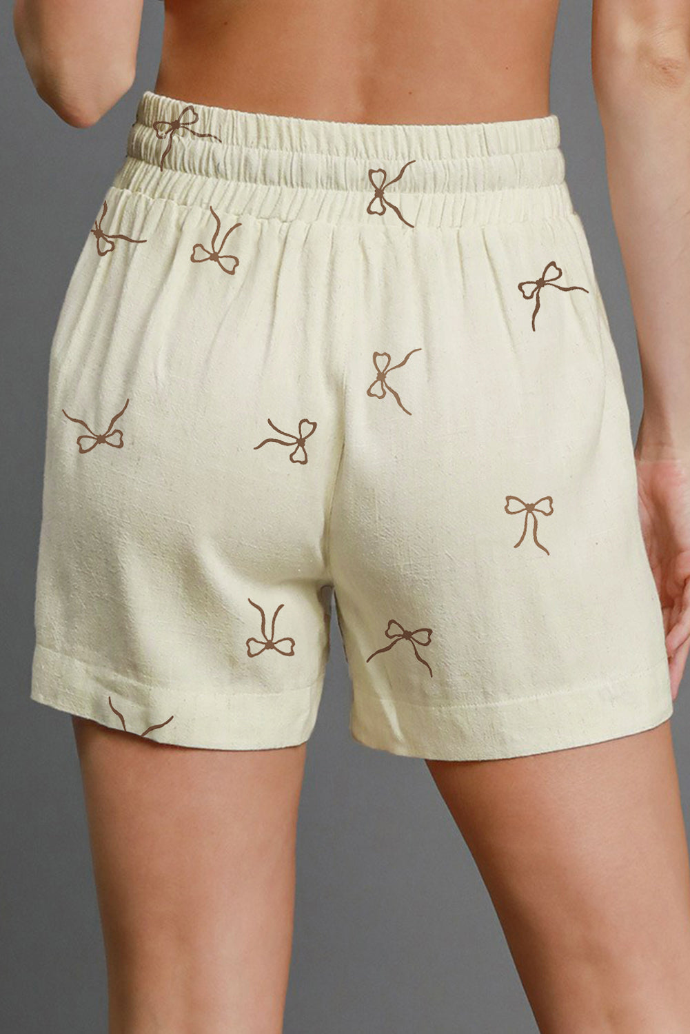 White Bow Print Lace Drawstring Elastic Waistband Casual Shorts