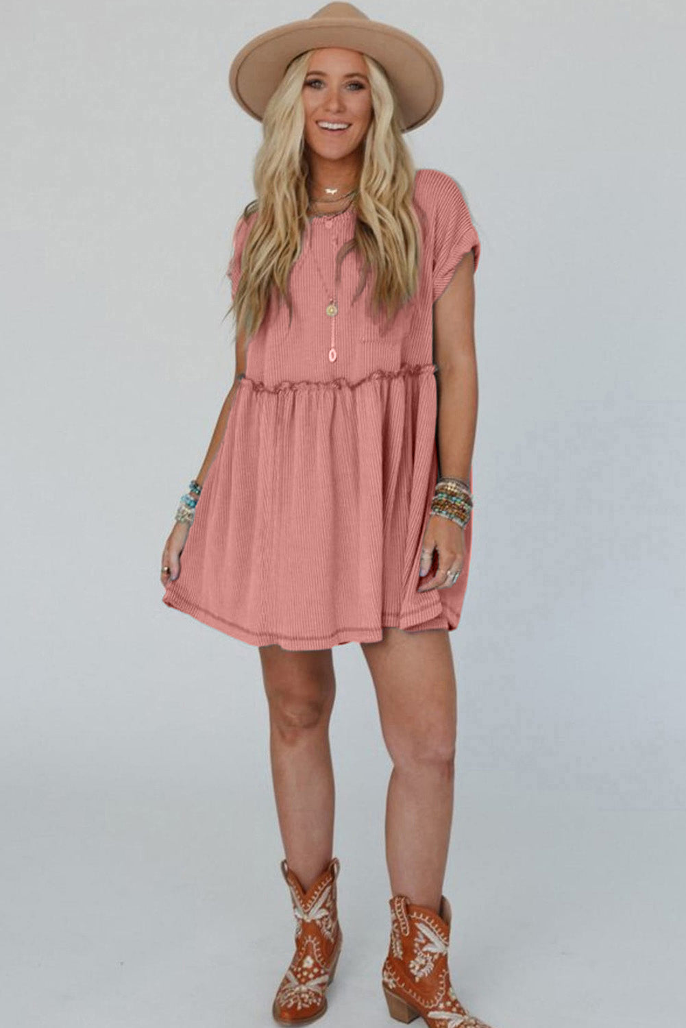 Dusty Pink Corded Knit Textured Patched Pocket Frilled Swing Mini Dress with Pockets